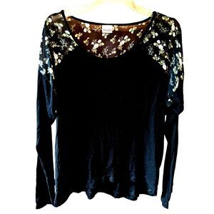 Mudd Long Sleeve Top Black & Floral Sheer Inserts L/S Y2K Whimsigoth Romantic L